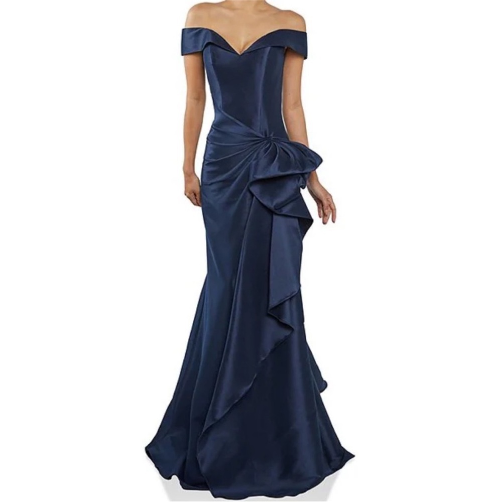 Elegant Navy Off-Shoulder Evening Gown Terani Couture Mikado Gown